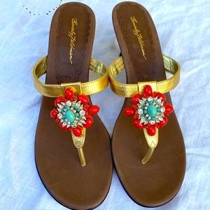 Beverly Feldman jeweled sandals heels gold turquoise size 11